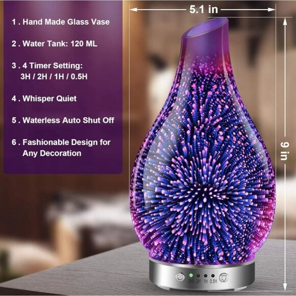 Essential Oil Diffusers Ultrasonic 3D Glass Aromatherapy Diffuser, Auto Shut-Off - Picture 3 of 3